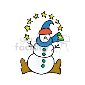 The clipart image depicts a cartoon snowman wearing a blue winter hat and mittens. The snowman has four green buttons down its front, an orange carrot nose, and a smile. There are yellow stars scattered around its head in an arch, suggesting a festive or magical atmosphere.