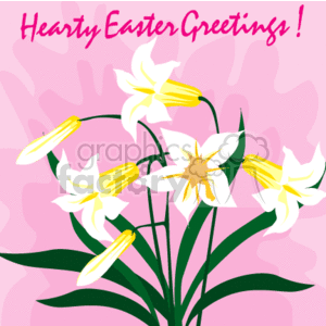 The clipart image depicts a bunch of stylized white and yellow flowers with green leaves against a pink background with the phrase Hearty Easter Greetings! written at the top in a decorative script. The flowers appear to be daffodils, which are often associated with spring and Easter celebrations.
