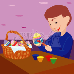 The clipart image depicts a child engaging in the festive activity of painting Easter eggs. They are seated at a table, holding an egg in one hand and a paintbrush in the other, decorating the egg with vibrant colors and patterns. In front of them, there are several cups of paint in different colors available for use. On the table, there is also a brown woven basket filled with colorful painted Easter eggs, showing the fruits of their labor and adding to the celebratory Easter theme.