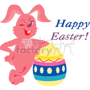 The clipart image features a pink Easter bunny standing next to a large, colorfully decorated Easter egg. The bunny appears to be happy and is winking with one eye. The decorated egg features patterns of stars and stripes in colors like yellow, blue, and pink. Above the bunny, the phrase Happy Easter! is written in decorative font, suggesting a festive holiday greeting.