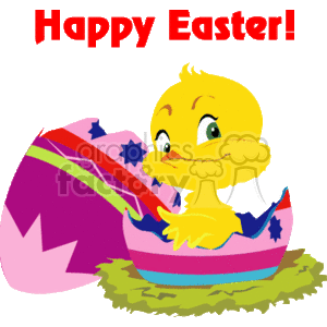 This clipart image features a cute yellow chick that has just hatched from a decorated Easter egg. The egg is cracked open, and the chick is sitting in the bottom half of the shell, which rests on a small patch of green grass or nest. The eggshell is decorated with colorful patterns, including stars and stripes. Above the chick, the phrase Happy Easter! is written in bold, colorful letters, adding a festive touch to the image.
