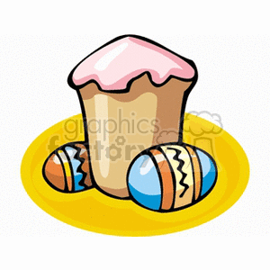 Cupcake on plate with decorated Easter eggs