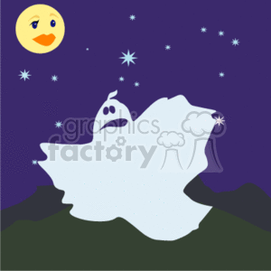 The image appears to be a simple Halloween-themed clipart. It features a stylized white ghost with a surprised expression on its face set against a dark purple background that suggests a night sky. In the background, there are stars scattered about. The bottom of the image shows some dark green shapes that resemble rolling hills or a distant landscape, adding depth to the ghostly scene. There's also a full moon with a face in the upper left corner, adding a playful or cartoonish character to the image.