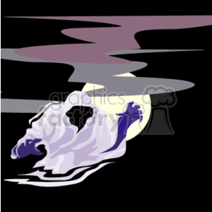 This clipart image features a whimsical portrayal of a ghost. The ghost appears to be floating in a night sky, with a full moon positioned in the background casting a soft glow. The scene suggests a Halloween theme with the ghost's presence and the dark, moody atmosphere.