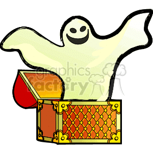The clipart image displays a friendly-looking ghost emerging from an open treasure chest. The ghost has a smiling face and is positioned as if it is hovering above the chest. The treasure chest is traditional in style with what appears to be a gold trim and a red interior.