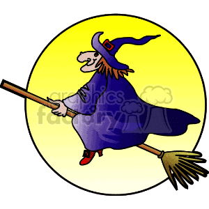 This clipart image features a cartoon-style witch wearing a purple dress and a pointy hat, riding a broom. The witch is depicted in mid-flight against a full yellow moon in the background. The witch has a classic Halloween aesthetic with a blue robe, red shoes, and a prominent pointy nose and chin.
