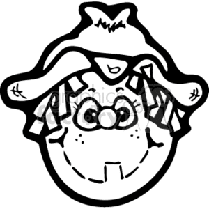 The clipart image depicts a stylized drawing of a scarecrow's face. It features exaggerated facial features with large, round eyes adorned with a small bow, a broad smile, and a nose that appears to be stitched on. The scarecrow is wearing a hat, which is typical of country-style scarecrows, and strands of hay are implied to be sticking out from beneath the hat.