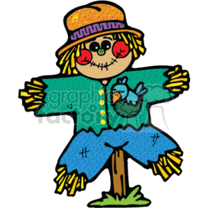 This clipart image depicts a colorful, country-style scarecrow. The scarecrow is smiling, wearing a patchwork hat and outfit with a variety of colors including green, blue, and yellow. It has button eyes, a stitched mouth, rosy cheeks, and straw sticking out from its arms and legs. A small bird is perched on one arm, adding a whimsical touch