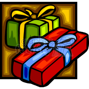 The clipart image shows two stylized presents or gifts with bold outlines. One gift is wrapped in green paper with a golden-yellow bow, and the other one is in red wrapping with a blue bow. The gifts are depicted with a festive look, potentially representing presents given during the Kwanzaa holiday, which is an African American and pan-African seven-day cultural festival that celebrates family, community, and culture.