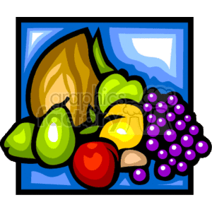 This clipart image depicts a variety of stylized foods, which include a bunch of bananas, green apples, avocados, a red apple, some grapes, and what looks like nuts or small fruits. These items are typically associated with the celebration of Kwanzaa, which is a holiday rooted in African cultures.