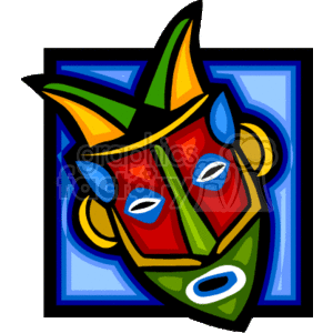 The clipart image features a stylized, colorful African mask. The mask appears to be decorated with geometric patterns and has elements in the traditional Kwanzaa colors: black, red, green, and yellow. The mask is set against a blue square background with slight abstract decorations.