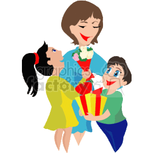 This clipart image shows a happy mother standing and smiling while hugging her two children, who are presenting her with gifts. The daughter, holding a bouquet of flowers, is being lifted in her mother's arms, while the son is offering a wrapped gift box. The image conveys a joyful family moment, common in celebrations like Mother's Day.