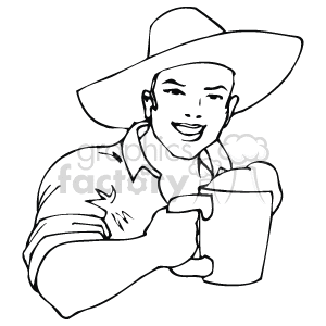 The clipart image shows a person wearing a wide-brimmed hat with a smiling expression, holding a large mug that could be associated with beer. The mug has a handle and foam at the top, suggesting it's filled with a frothy beverage. 