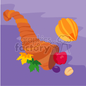 This image depicts a stylized representation of a cornucopia, a symbol often associated with Thanksgiving and harvest abundance, overflowing with various items. The items include what appears to be a gourd or pumpkin, an apple, a couple of leaves (possibly maple), a nut (like a walnut or pecan), and a plum. The background is a simple purple, which sets off the warm, autumnal colors of the cornucopia and its contents.