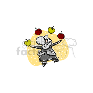 The clipart image depicts a stylized illustration of a person dressed in traditional Pilgrim attire juggling three apples. The person is wearing what appears to be a Pilgrim hat and a collared dress, indicative of the Thanksgiving historical period. The background is a simple, abstract yellow shape with dots, hinting at an autumn theme. The apples are colored red and green, suggesting a harvest or abundance theme often associated with Thanksgiving celebrations in November.
