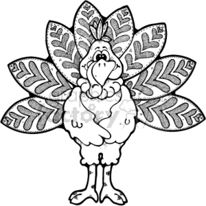 The clipart image features a cartoon-style turkey with a large, decorative tail. The tail looks to be made of feathers with a leaf-like pattern design, giving it a stylized appearance. The turkey appears to be standing upright with a playful or comical expression on its face.
