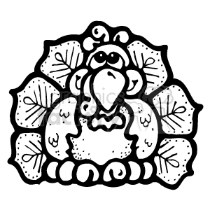 The image is a black and white clipart featuring a stylized turkey with a whimsical design. The turkey has a prominent body with feathers spread out in a fan shape. The overall design has a folk or country art style, typically associated with Thanksgiving themes.