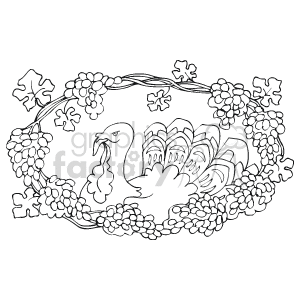 This clipart image features a central outline of a turkey surrounded by an abundance of grapes on vines, leaves, and snowflake patterns at the corners, typically representing the fall and winter season associated with Thanksgiving.