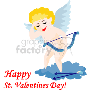 This clipart image depicts a stylized representation of Cupid, the Roman god of love often associated with Valentine's Day. In the image, Cupid has blonde hair and is depicted with angelic wings. The character is also seen holding a bow. There's a cloud beneath Cupid lending to the ethereal, heavenly motif commonly associated with angelic figures. Additionally, the text Happy St. Valentine's Day! embellishes the bottom of the image, setting the theme and offering a festive greeting.