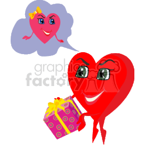 The image features two anthropomorphic heart characters. The heart on the left is colored red and appears joyful, holding a gift or present adorned with a ribbon. This red heart's eyes are stylized to look happy and affectionate. The heart on the right is pink and is depicted within a thought bubble, suggesting it's being thought of by the red heart. The pink heart has a cheerful expression with a slight blush and a golden bow on top, giving it a slightly feminine appearance.