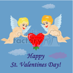 The clipart image features two animated cupids with golden hair and white wings, floating among clouds in a blue sky. Each cupid is holding one side of a large, red heart that has a green stem with leaves, giving the appearance of a heart-shaped flower. Below the cupids and the heart, there is a caption that says Happy St. Valentines Day! in purple letters. 