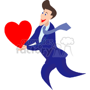 A Man in a Blue Suite Holding a Large Red Heart Running