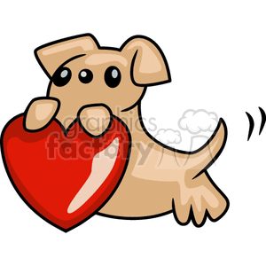 The image depicts a cartoon of a dog holding a heart in front of it. The heart is red with white accents.