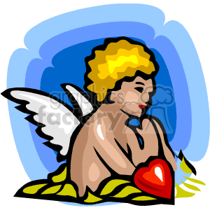 The clipart image depicts a stylized representation of an angel or cupid with wings, sitting and holding a red heart. The cupid is likely intended to convey themes of love and affection, commonly associated with Valentine's Day. The background appears to be a simple blue shape, possibly suggestive of the sky or a heavenly environment.