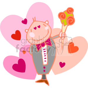 This clipart image features a whimsical, cartoon-style depiction of a man with a simple, rounded face and three hearts above his head, indicating he is in love or happy. He is smiling and appears to be dressed in a formal suit with a bow tie. The man is holding a bouquet of flowers with three blooms. The background consists of various heart shapes in shades of pink and red, further reinforcing the theme of love and happiness. The image seems to be related to Valentine's Day due to the hearts and romantic elements.