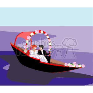The clipart image depicts a bride and groom sitting together in a gondola, which is adorned with a lovely heart-shaped arrangement of roses. The setting implies a romantic post-wedding scenario, often associated with the charm of an Italian wedding theme.