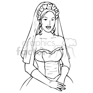 The image is a black and white clipart of a bride. She is wearing a wedding dress with a sweetheart neckline and appears to be adorned with a veil and a tiara or headpiece. The bride is smiling and looking forward.