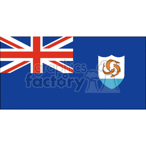 This clipart image features the flag of Anguilla. The flag consists of a blue ensign with the British Union Jack in the canton (upper left corner), and the coat of arms of Anguilla in the fly (right side) part of the flag. The coat of arms displays a white shield with a turquoise base featuring three orange dolphins in a circular formation.