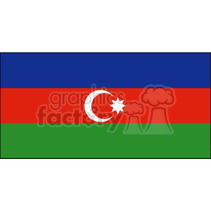 The image is a simple clipart depiction of the national flag of Azerbaijan. The flag consists of three horizontal stripes of equal width, with the top stripe being blue, the middle stripe red, and the bottom stripe green. In the center of the red stripe is a white crescent moon and an eight-pointed star.