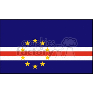 The image is a clipart illustration of the flag of Cape Verde. There is a dark blue background with a band of three horizontal stripes, red, white, and red, running across the center of the flag. Above and below the band are 10 yellow stars arranged in a circular formation, representing the ten main islands of Cape Verde.