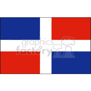 The image is a simplified representation of the flag of the Dominican Republic. It features a white cross that divides the flag into four rectangles: two in blue and two in red.