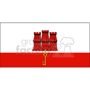 The image displays the national flag of Gibraltar. The flag consists of two horizontal bands of white (top, double width) and red with a three-towered red castle in the center of the white band, surmounted by a golden key that hangs from the castle gate.