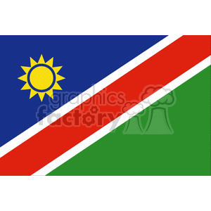 The image contains the flag of Namibia. The flag features a diagonal red stripe with a white-edged border separating two triangles. The top triangle is blue and has a 12-pointed gold sun with rays in the canton, and the bottom triangle is green.