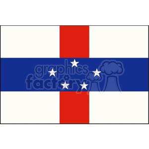 The image is a digital representation of the national flag of the Netherlands Antilles. The flag features a white field with a red vertical stripe and a blue horizontal stripe that intersect in the center, forming a cross. In the center, on the blue stripe, there are five white five-pointed stars arranged in a circle.