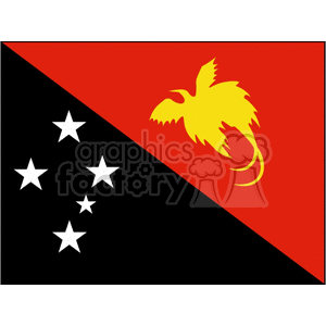 The image shows the flag of Papua New Guinea. It features two primary diagonal sections: the left black with the Southern Cross constellation depicted with five white stars, and the right red with a yellow bird-of-paradise silhouette.