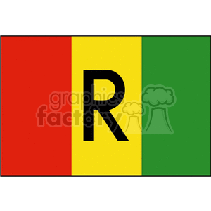 The image is a stylized or altered version of the flag of Guinea. The flag of Guinea consists of three vertical stripes of red, yellow, and green. However, the image includes a large, black letter R superimposed over the yellow stripe, which is not a feature of the official flag of Guinea.