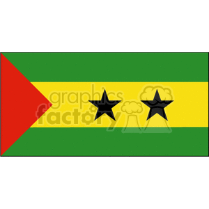 The clipart image displays the national flag of São Tomé and Príncipe. The flag features three horizontal bands of green (top and bottom) and yellow (middle), with two black stars centered in the yellow band. A red triangle is situated at the hoist side.