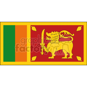 The image shows the national flag of Sri Lanka. The flag features two vertical stripes on the left-hand side, with the colors green and orange. The larger right portion of the flag has a maroon or burgundy background with a gold border, and it depicts a gold lion holding a sword in its right fore-paw. The lion represents bravery, and the sword signifies the sovereignty of the nation. There are four gold leaf-shaped motifs on the corners of the maroon background.