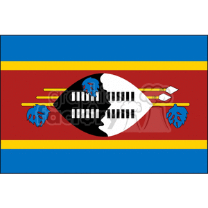 The image is a depiction of the flag of the Kingdom of Eswatini (formerly known as Swaziland). It features horizontal stripes of blue, yellow, and red with a central black and white shield adorned with spears and a staff, which are traditional emblems.