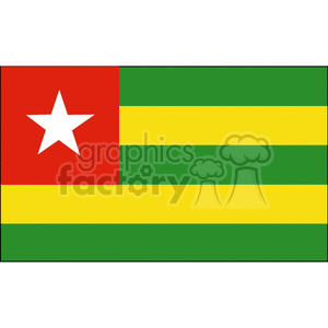 The clipart image shows the national flag of Togo. The flag features five horizontal stripes with alternating green and yellow colors, and a red square in the top left corner which houses a white five-pointed star.