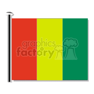The image displays the flag of Guinea, which consists of a vertical tricolor design with red, yellow, and green stripes starting from the flagpole side.