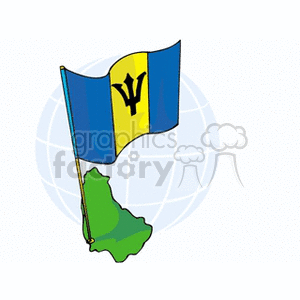 The clipart image depicts the flag of Barbados superimposed over a simplified illustration of the island's map, with a stylized representation of the globe in the background. The flag is shown with two vertical blue bands on either side of a gold middle band, with a black trident in the center of the gold band.