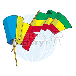 This clipart image features two international flags positioned in front of a stylized globe. On the left, the flag appears to have vertical stripes in blue, yellow, and red. On the right, the flag has horizontal stripes in green, yellow, and red. It's worth noting that without specific emblems or details, it's challenging to distinguish certain national flags definitively as some countries have similar color schemes.