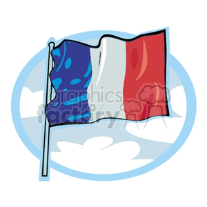 This clipart image features the flag of France, which consists of three vertical bands of blue, white, and red. The flag is waving, which suggests it might be depicted as flying in the wind, and it's set against a background that appears to be a stylized representation of the sky with clouds.