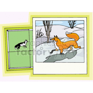 The clipart image features two framed pictures. One frame shows a map with a sketched outline of a fox, rendered smaller and in a simplified, stylized manner. The second, larger frame portrays a colorful image of an orange fox in a wintery landscape with snow and bare trees.