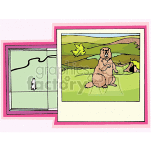 The clipart image features two framed pictures. On the left, there's a map showing a windy river with a single depicted animal which appears to be a beaver. On the right, there's an illustration of a beaver standing on its hind legs in a natural setting with trees and a fallen leaf. The beaver seems to be looking towards the viewer.